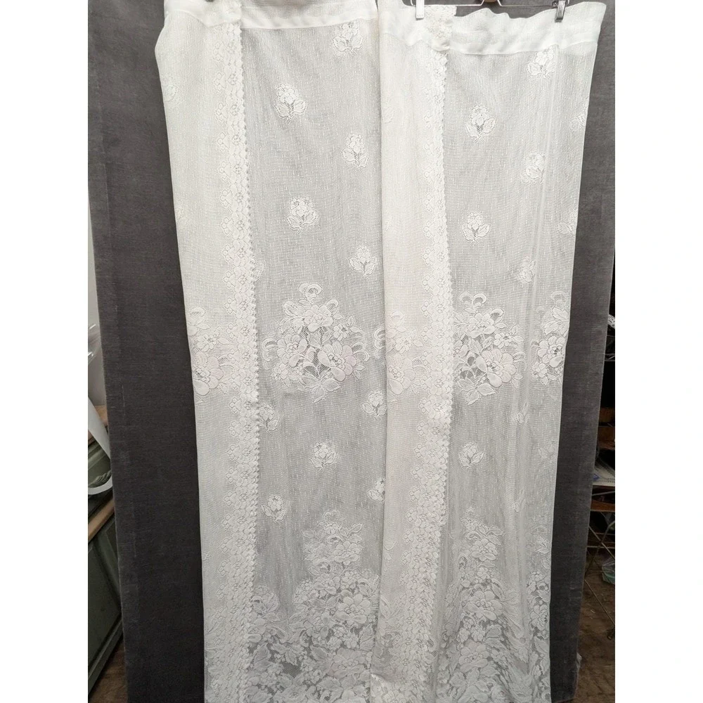 Vintage Lace Curtain Panels White/Pink Roses & 2 Curtain Tiebacks Cottage Core
